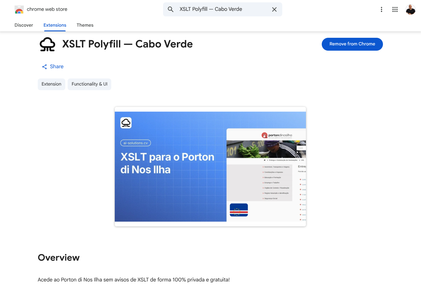 Screenshot da extensão XSLT Polyfill Cabo Verde no Porton di Nos Ilha